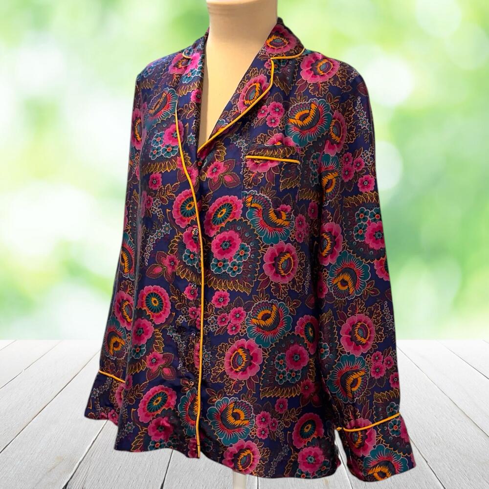 FLOREAT Anthropologie 100% Silk Blouse Floral Print Piping Button Front Size S